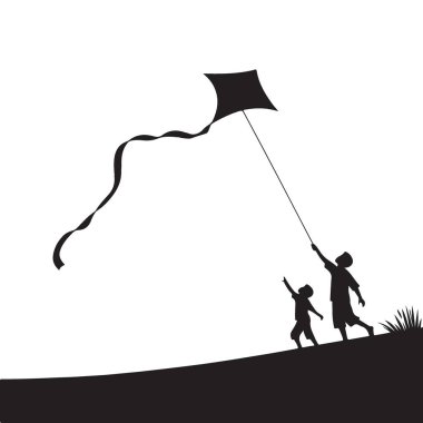 Baba ve Oğul 'un Silueti Birlikte Uçurtma Uçuruyor