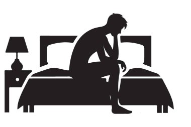 Derin Düşüncelere dalmış Yatakta Oturan Dalgın Adamın Silueti