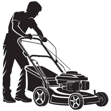 Çim biçen Adam Bahçesi Bakım Vektörü İllüstrasyonunun Silueti
