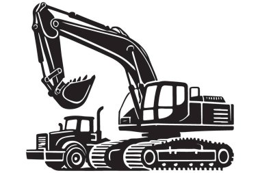 Siluet inşaat alanı kazıcı ve kamyon vektör grafik illüstrasyonu