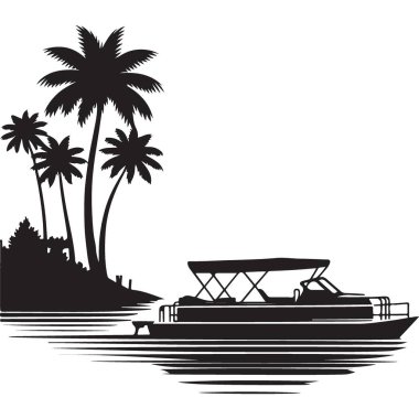 Ada Tropikal Palmiye Ağaçları Manzaralı Pontoon Teknesi Siluet Vektörü