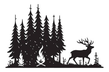 Orman Manzarası Vektör Resimlerinde Kamp Ateşi 'nden Siluet Geyiği