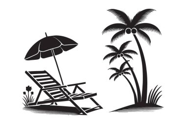 Plaj Sandalyesi ve Palmiye Ağaçları Silueti Yaz Tatili Çizimleri