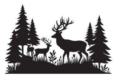 Orman Sahnesinde Görkemli Geyik Ailesi Siluet Vektörü İllüstrasyonu
