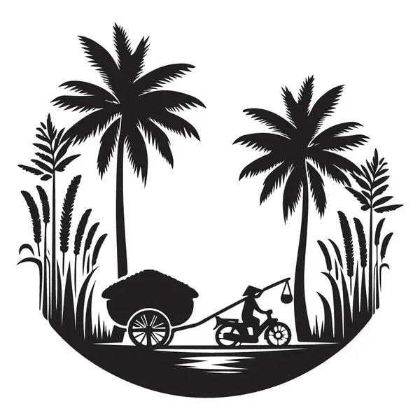 Rice Farming Siluet Sahne Vektörü İllüstrasyon ve Tarım