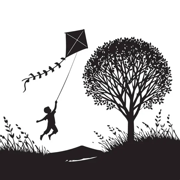 Siluet çocuk ağaçların yanında uçurtma uçuruyor çocukluk resimlerini kucaklıyor.