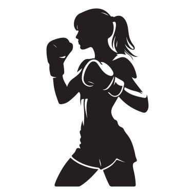 Spor Grafikleri için Kadın Boks Duruşu Silueti Vektör İllüstrasyonu