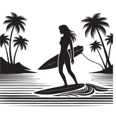 Plajda Tropik Palmiye Ağaçlarıyla Sörfçü Kız Silueti