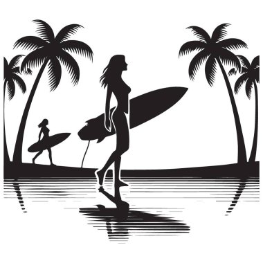 Kadın Sörfçüler Tropik Plaj Cenneti 'nde Yürüyorlar