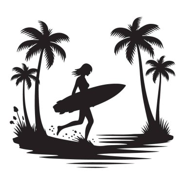 Siluet Kız Sörfçü Vektör Sanatı Tropikal Palmiye Ağaçlarıyla