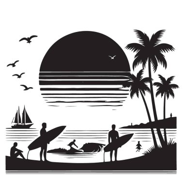Sunset Beach Siluet Vektör İllüstrasyon Sörf Yaşam Tarzı Tasarım Şablonu