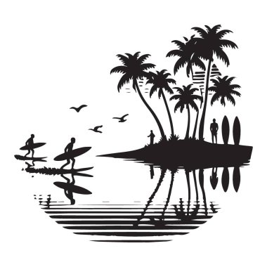 Tropik Ada Silueti Resimleri Sörfçülerle ve Palmiye Ağaçlarıyla