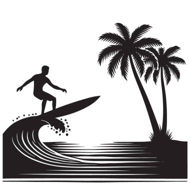 Sörfçü Siluet Dalgalı Palmiye Ağaçları Vektör İllüstrasyonu