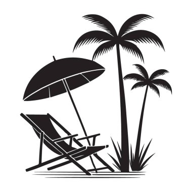 Plaj Şemsiyesi ve Güneş Yatağı Silueti ile Palmiye Ağacı Vektörü
