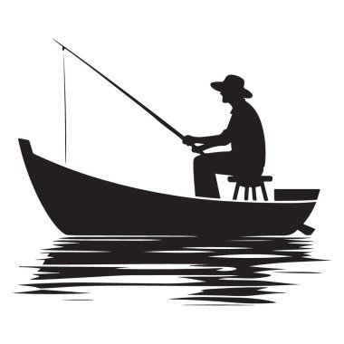 Silüet Balıkçı Teknede Otururken Balık Avlama Çubuğu