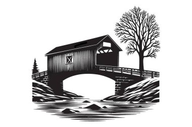 Resimli Kapaklı Köprü Vektörü Silueti Nehir Akıntısı Üzerindeki Görüntü
