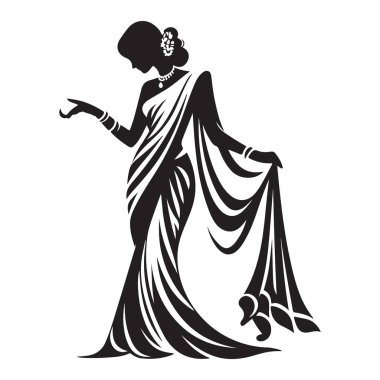 Geleneksel Hint Sari Vektör Sanatında Kadının Zarif Silueti