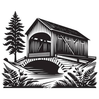 Doğa elementleriyle Sahne Kaplanmış Köprü Vektörü İllüstrasyonu