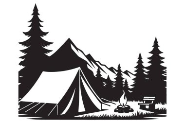 Kamp Silueti Çizimi Çadır Dağları ve Kamp Ateşi