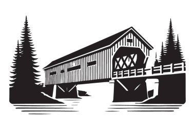 Ağaçlarla kaplı köprü vektör çizimi manzaralı bir kırsal alan