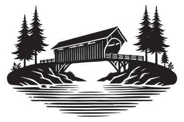 Orman Manzarası İllüstrasyonlu Vintage Kapalı Köprü Vektörü