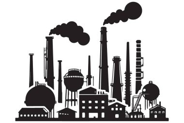 Endüstriyel Fabrika Siluet Vektör Görüntü Kirliliği ve Üretim Tasarımı