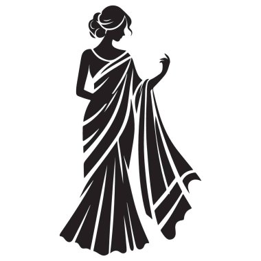 Saree Siluet Çizimi Zarif Hintli Kadın Moda Sembol Tasarımı