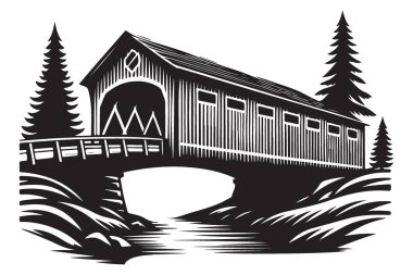 Evergreen Trees ile Sahne Kaplı Köprü İllüstrasyon Vektör Sanatı