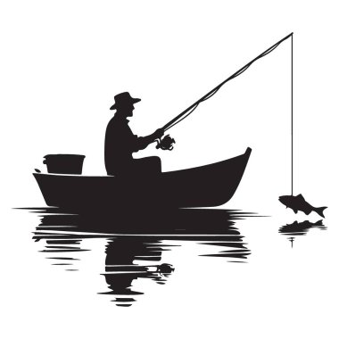 Tekne Balıkçısında Siluet Balıkçısı Balık Yakalıyor Eğlence Çizimi