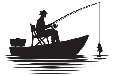 Teknedeki siluet balıkçısının balık vektör çizimini yakalaması