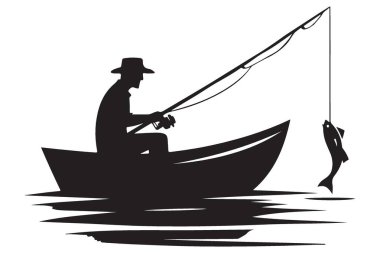 Teknedeki siluet balıkçısının balık vektör çizelgesini yakalaması