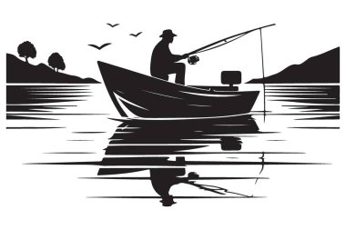 Sakin bir göl siluetinde, bir teknede balık tutmak.