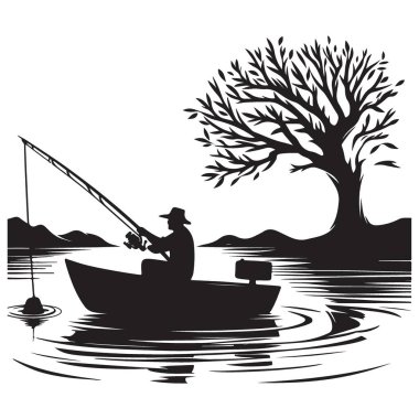 Ağaç Manzarası Tasarımı ile Tekne Siluetinden Balık Tutan Adam