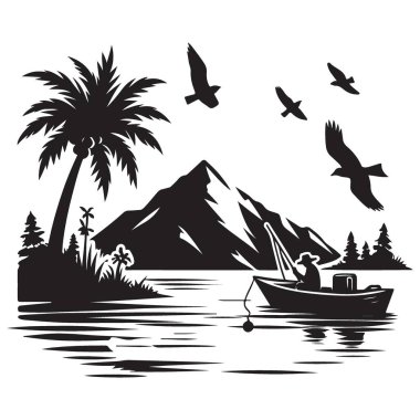 Dağ ve palmiye ağaçlarıyla sakin bir balık tutma sahnesi