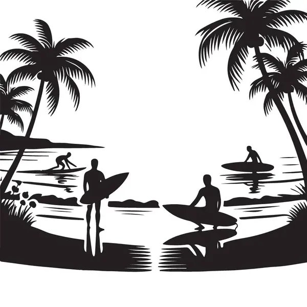 Sörfçülerin Silueti Palm Trees yakınlarındaki plaj etkinliklerinin tadını çıkarıyor.