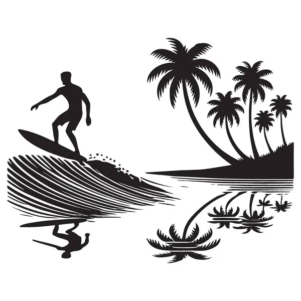 Palmiye Ağaçlarıyla Dalgada Siluet Sörfü Tropik Plaj Yansıması