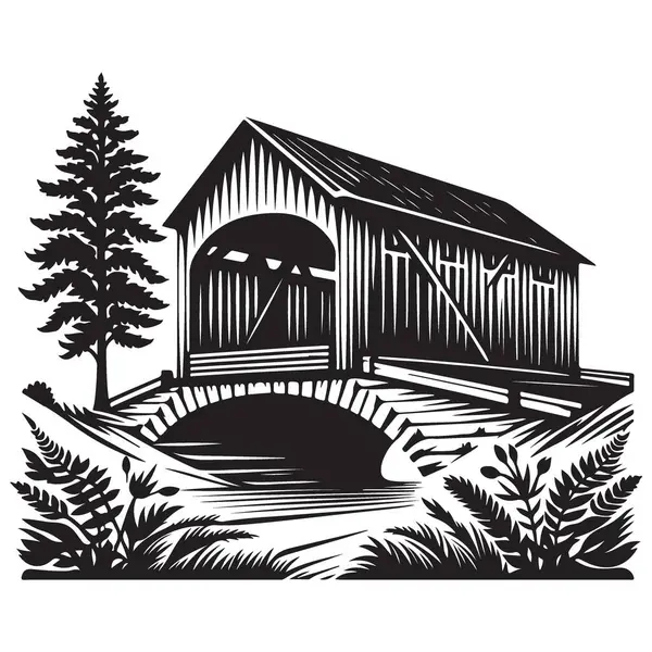 Doğa elementleriyle Sahne Kaplanmış Köprü Vektörü İllüstrasyonu