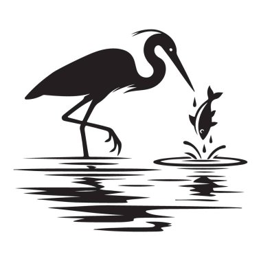 Balıkçıl Balık Yakalıyor Su Vektörü Grafiğinde