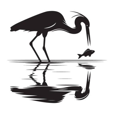 Zarif Balıkçıl Silueti Yakalayıcı Balık Yansıma Vektör Tasarımı