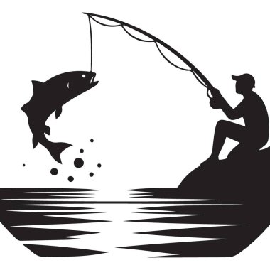 Siluet Balıkçısı Baş döndürücü Vektör İllüzyonu Su Yansıması Tasarımı