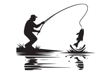 Siluet Balıkçısı Balık Tutma Hevesli Balık İllüzyonu Yakalıyor