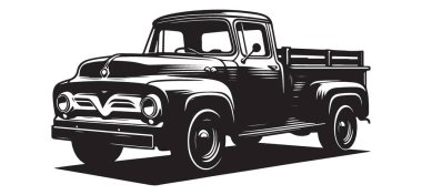 Klasik Vintage Pickup Truck Vector Illustration Siyah Siluet Tasarımı