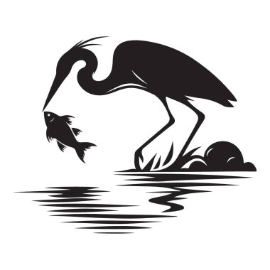 Büyük Mavi Balıkçıl Silüeti Vektör Resimlendirme Balık Yakalama Tasarımı