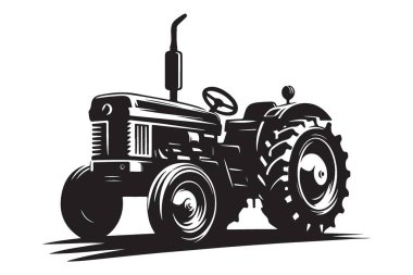Vintage Traktör Silueti Resimlendirme Tarım Ekipmanları Güçlü Makine Çizimi