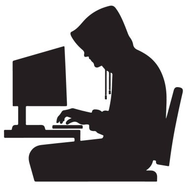 Çevrimiçi bilgisayar kullanan güvenlik siber suçlarındaki bir hackerın silueti