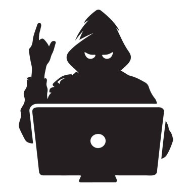 Siyah siluet hacker bilgisayar ile çevrimiçi güvenlik sorunlarını çözüyor