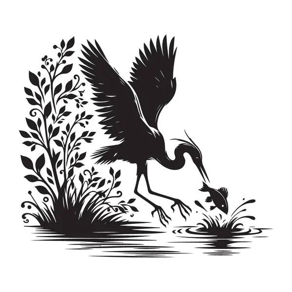 Siluet Balıkçıl Çiçek ve Su Resimleriyle Balıkçılık