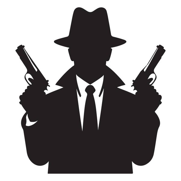Винтажный силуэт гангстера с двумя пистолетами, готовыми к действию