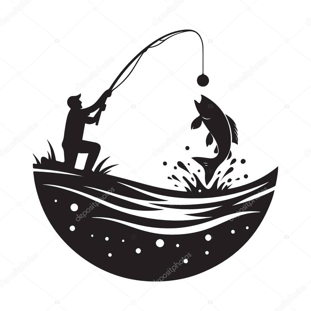 Silhouette Angler Catching Leaping Fish Vector Fishing Illustration Design