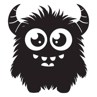 Çizgi film canavarı silueti boynuzları, kocaman gözleri ve dişleri var.